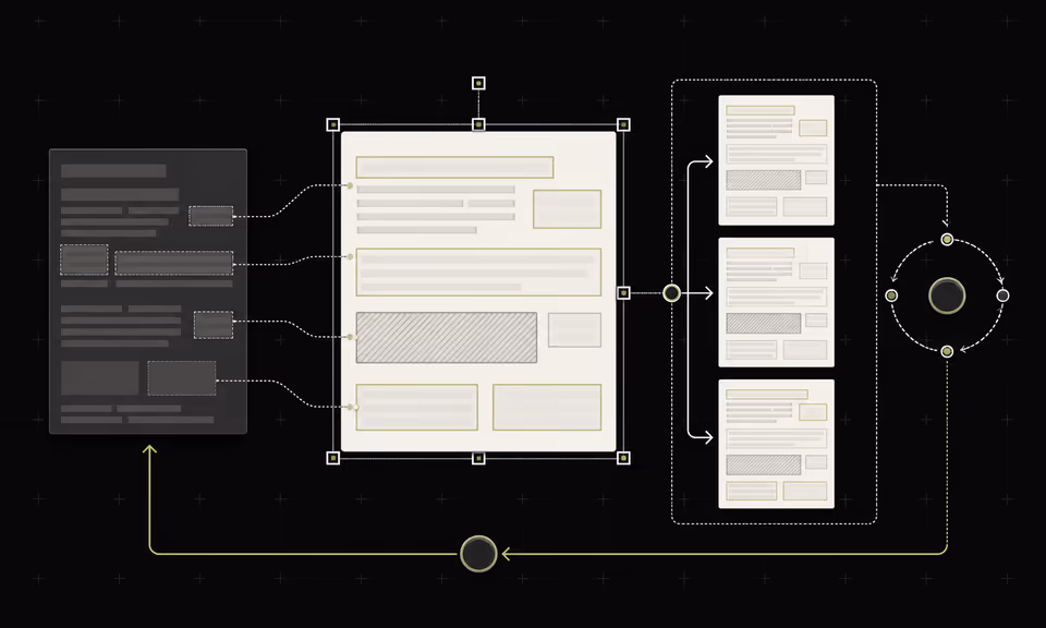 An editable result is connected to its sources and surrounded by comparison, retry, and restore paths.