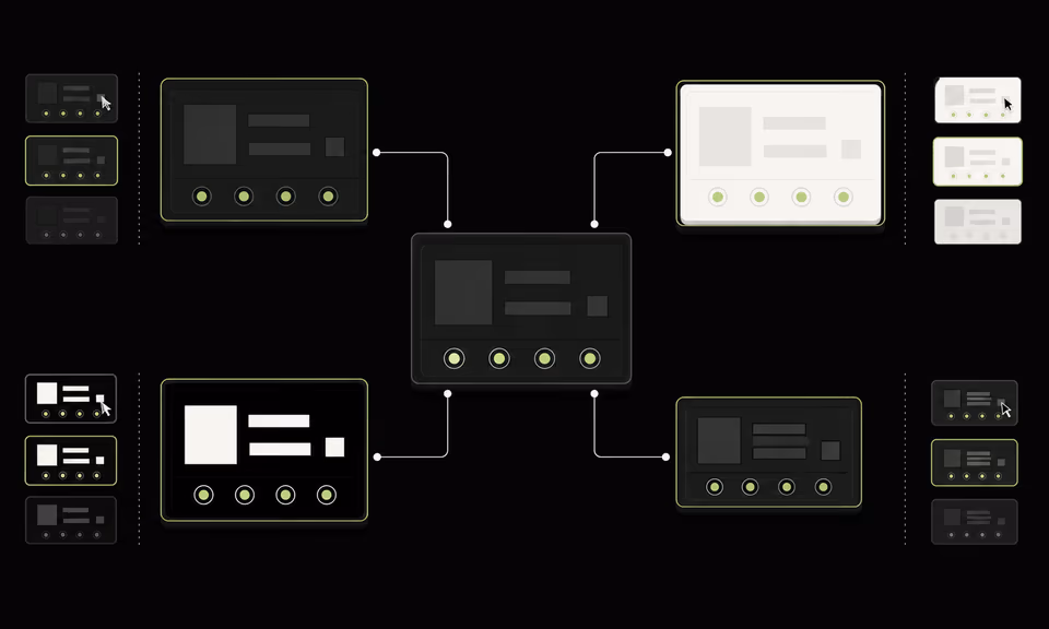 One component contract resolves into dark, light, high-contrast, and compact modes.
